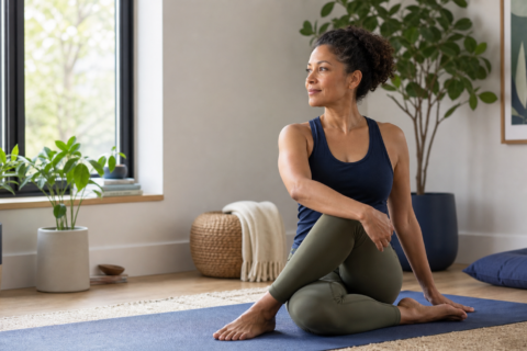 Woman practicing a gentle seated yoga stretch at home