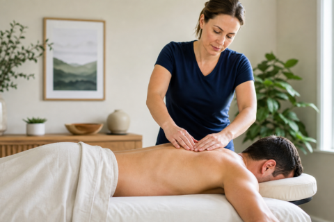 Massage therapist working on a patient’s upper back and shoulders