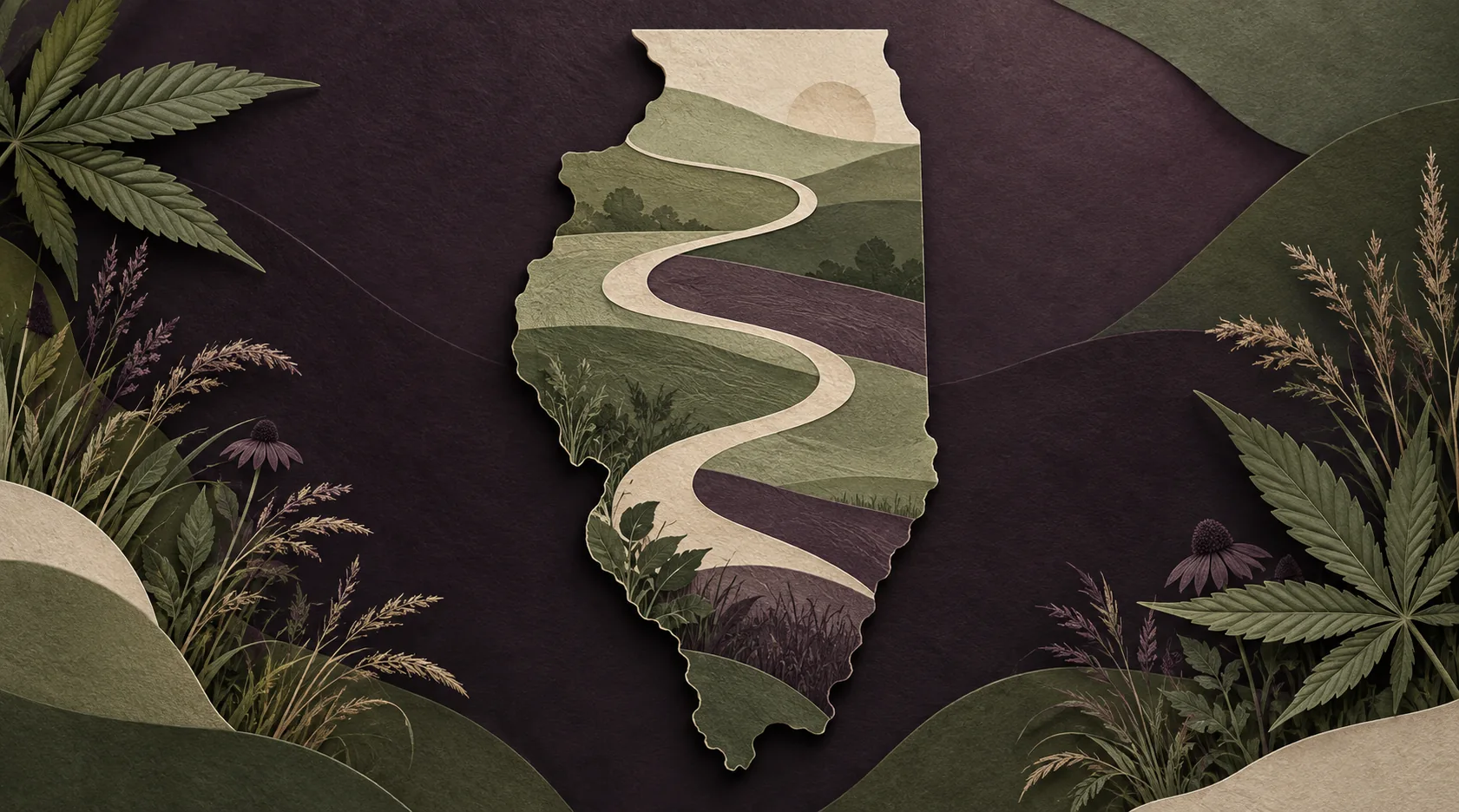 Editorial illustration of Illinois with winding paths and botanical leaves, representing expanded medical cannabis access.